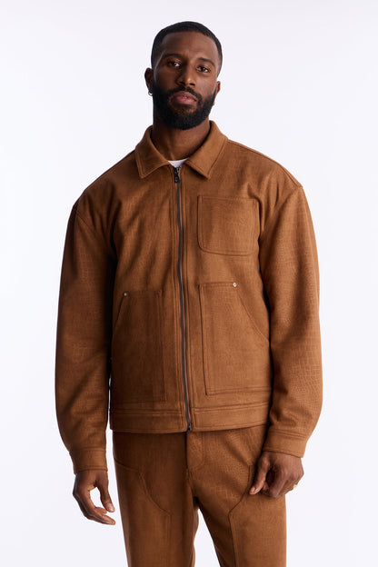 Matte Croc Faux Leather Jacket - Brown