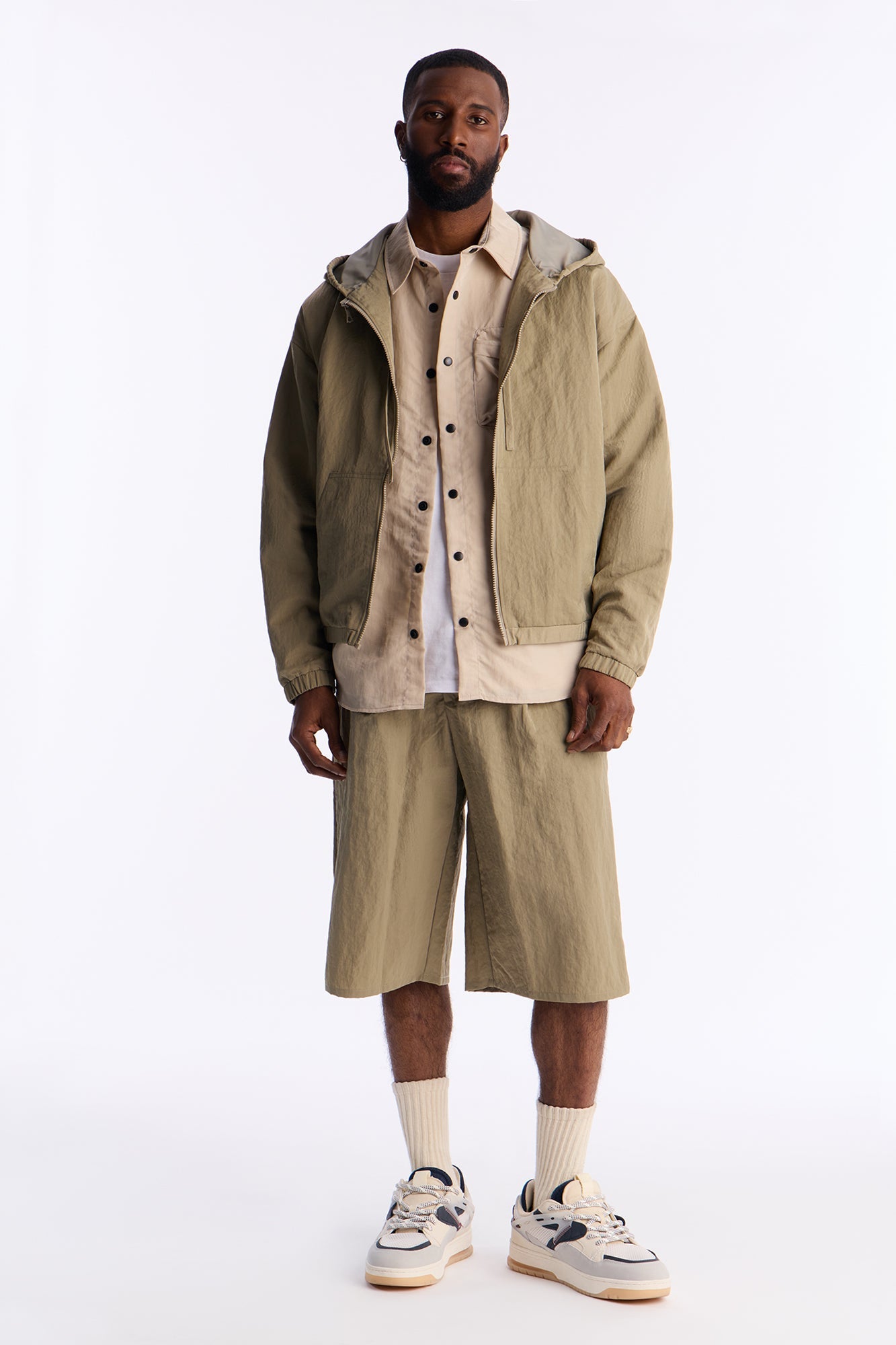 Cropped Hooded Tech Jacket - Khaki