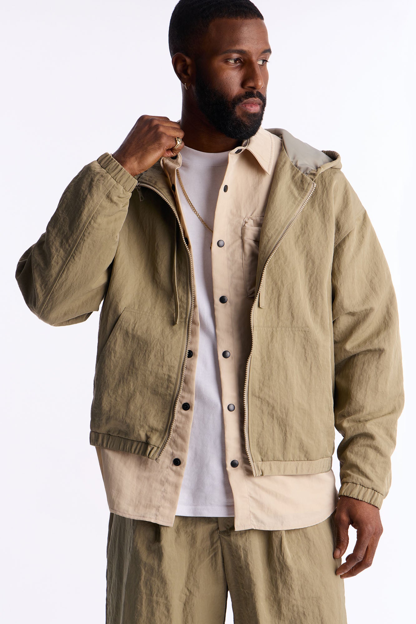 Cropped Hooded Tech Jacket - Khaki