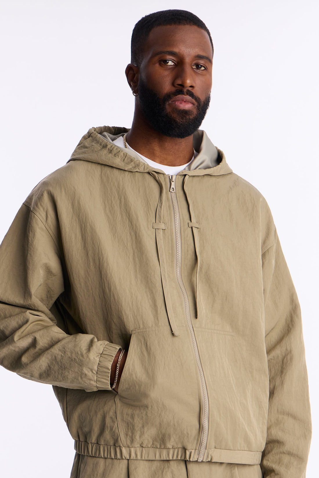 Cropped Hooded Tech Jacket - Khaki