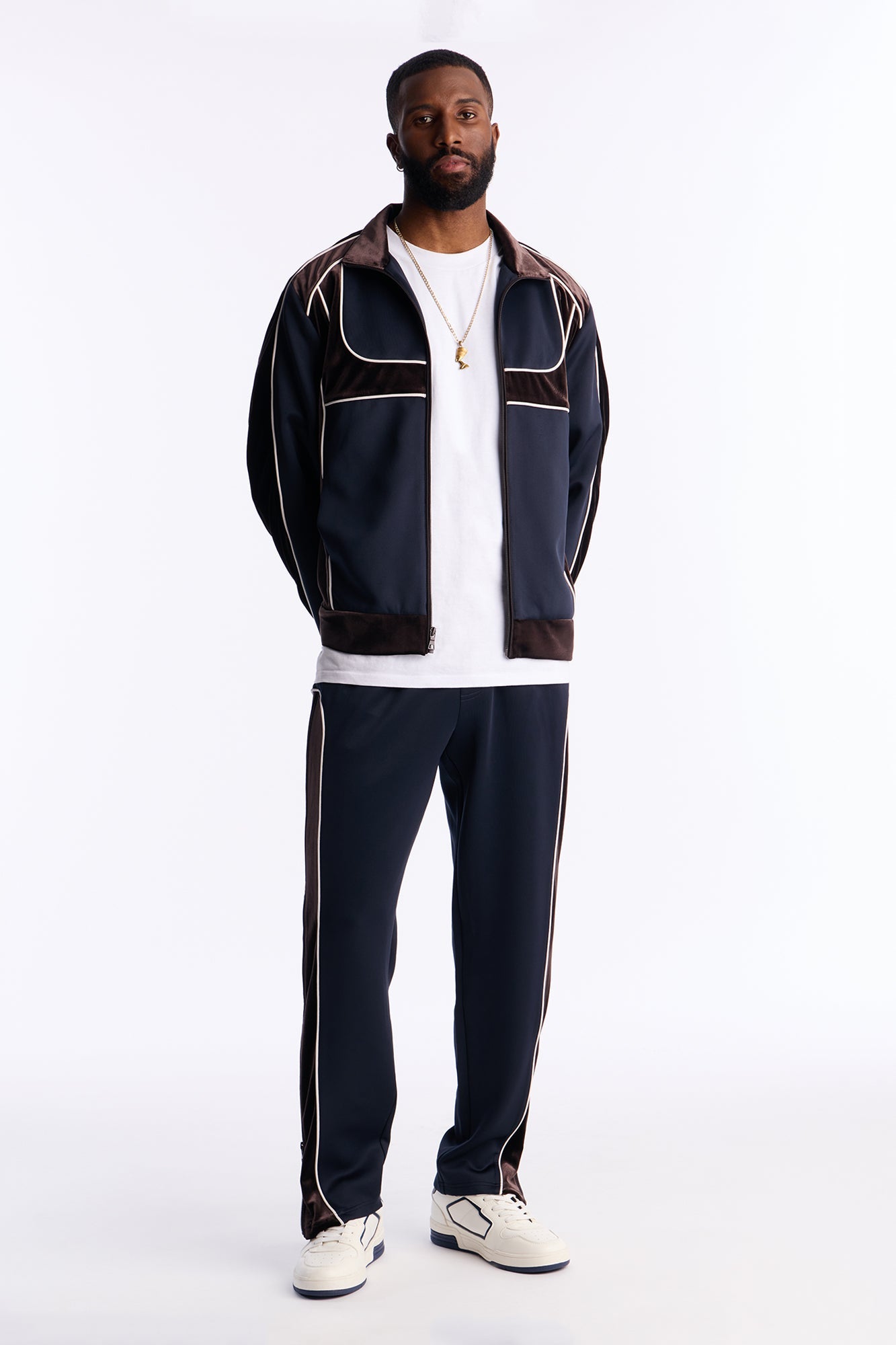 Relaxed Lexington Funnel Neck Velour Track Jacket - Navy
