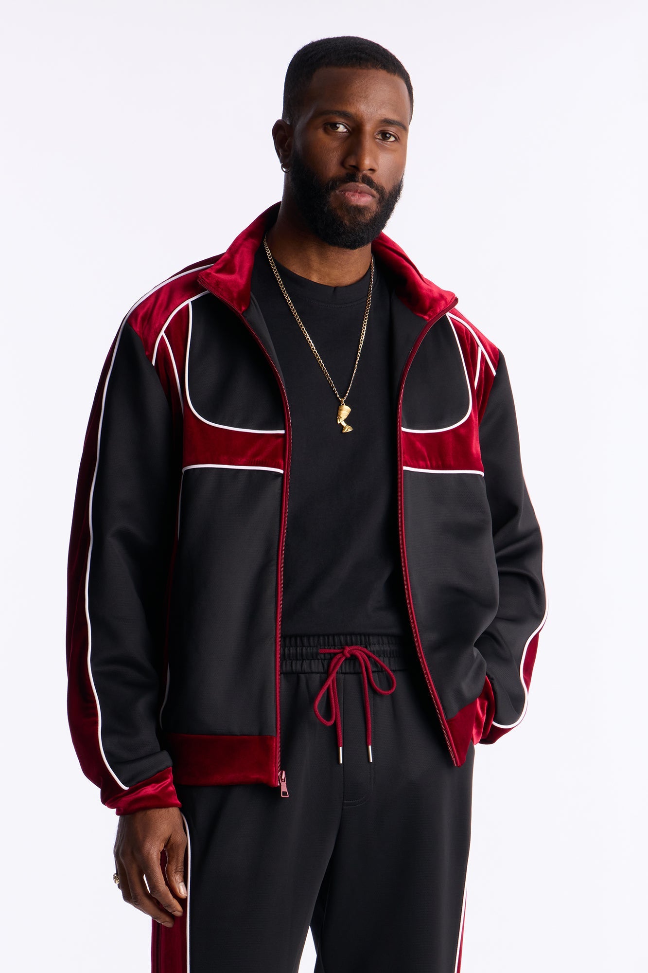 Relaxed Lexington Funnel Neck Velour Track Jacket - Burgundy