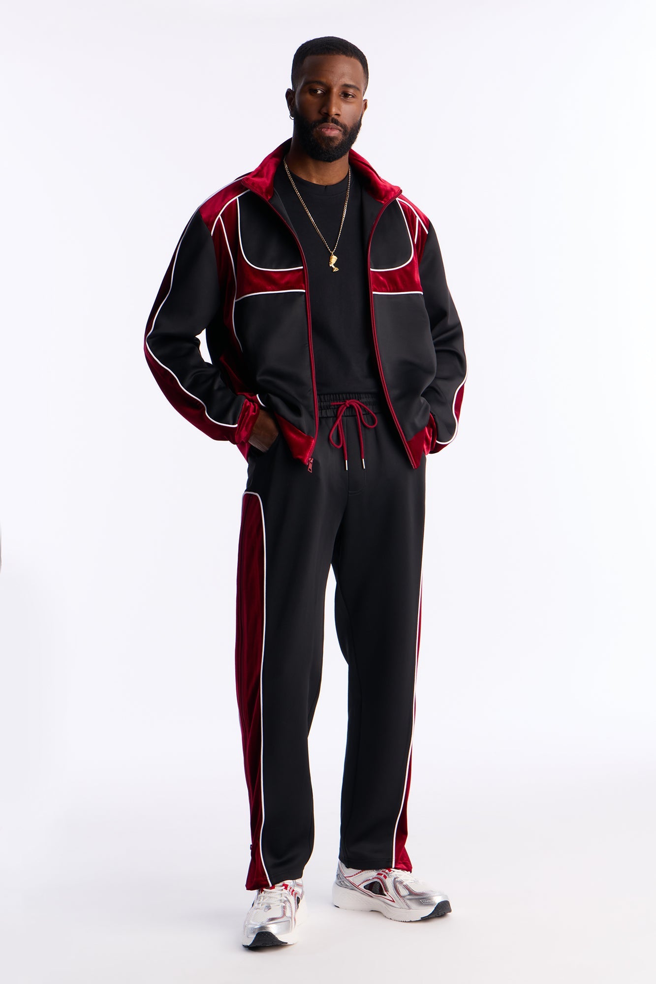 Relaxed Lexington Funnel Neck Velour Track Jacket - Burgundy