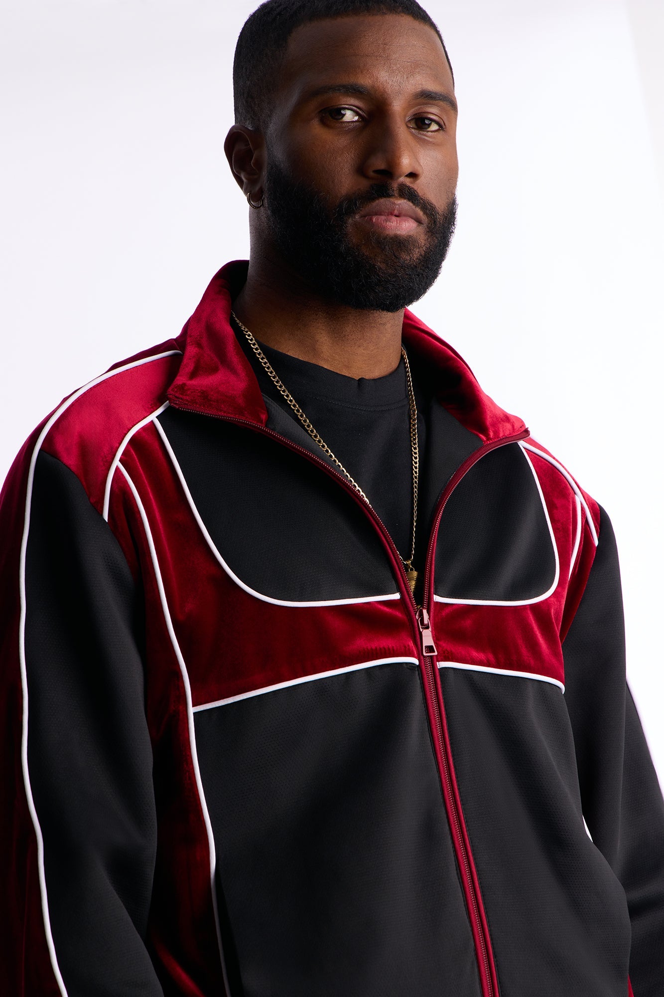 Relaxed Lexington Funnel Neck Velour Track Jacket - Burgundy