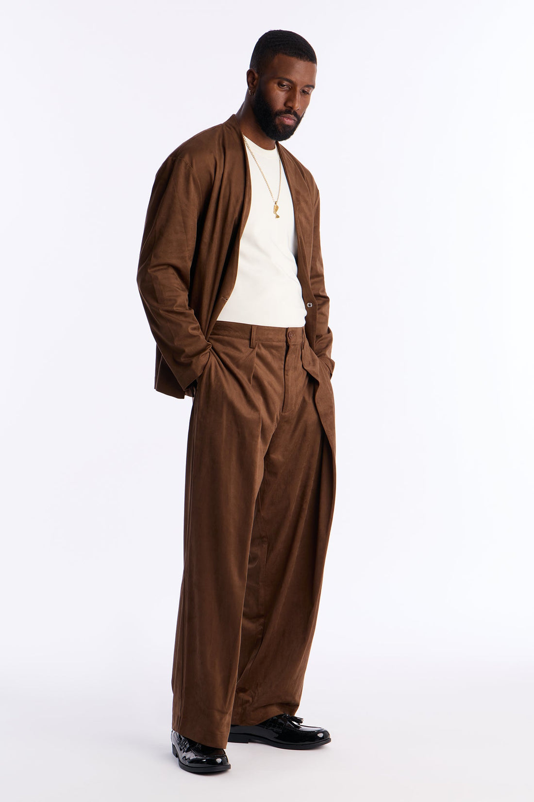 New Money Suede Pleated Trouser - Brown