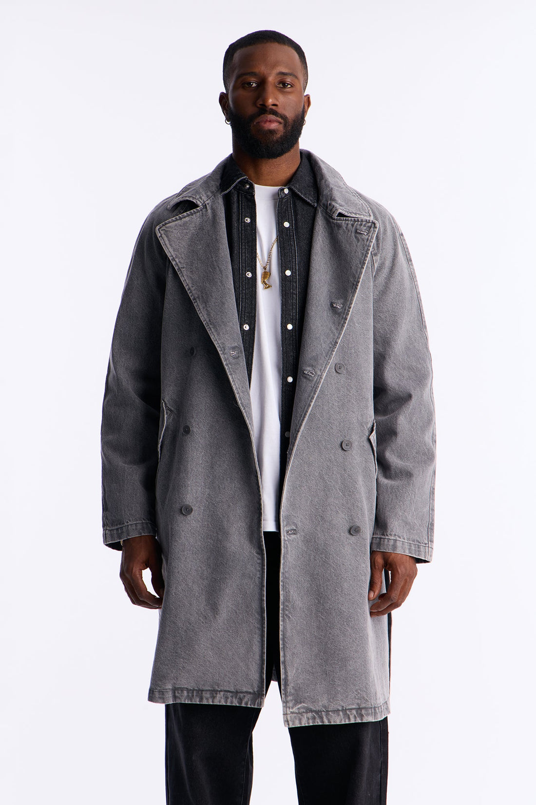 Finesse Double Breasted Denim Trench Coat - Grey