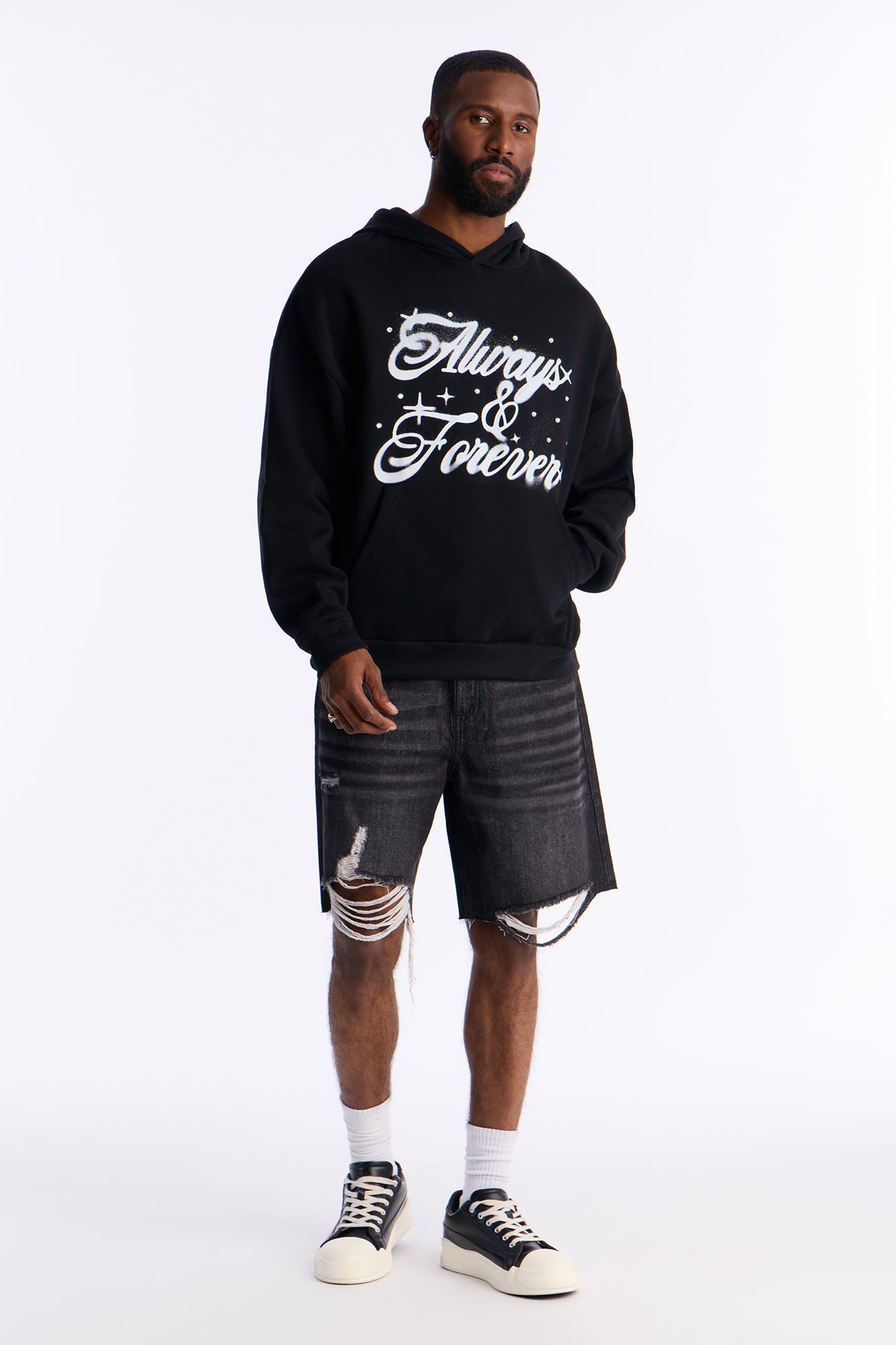 Relaxed Raw Hem Distressed Denim Shorts - Black Wash