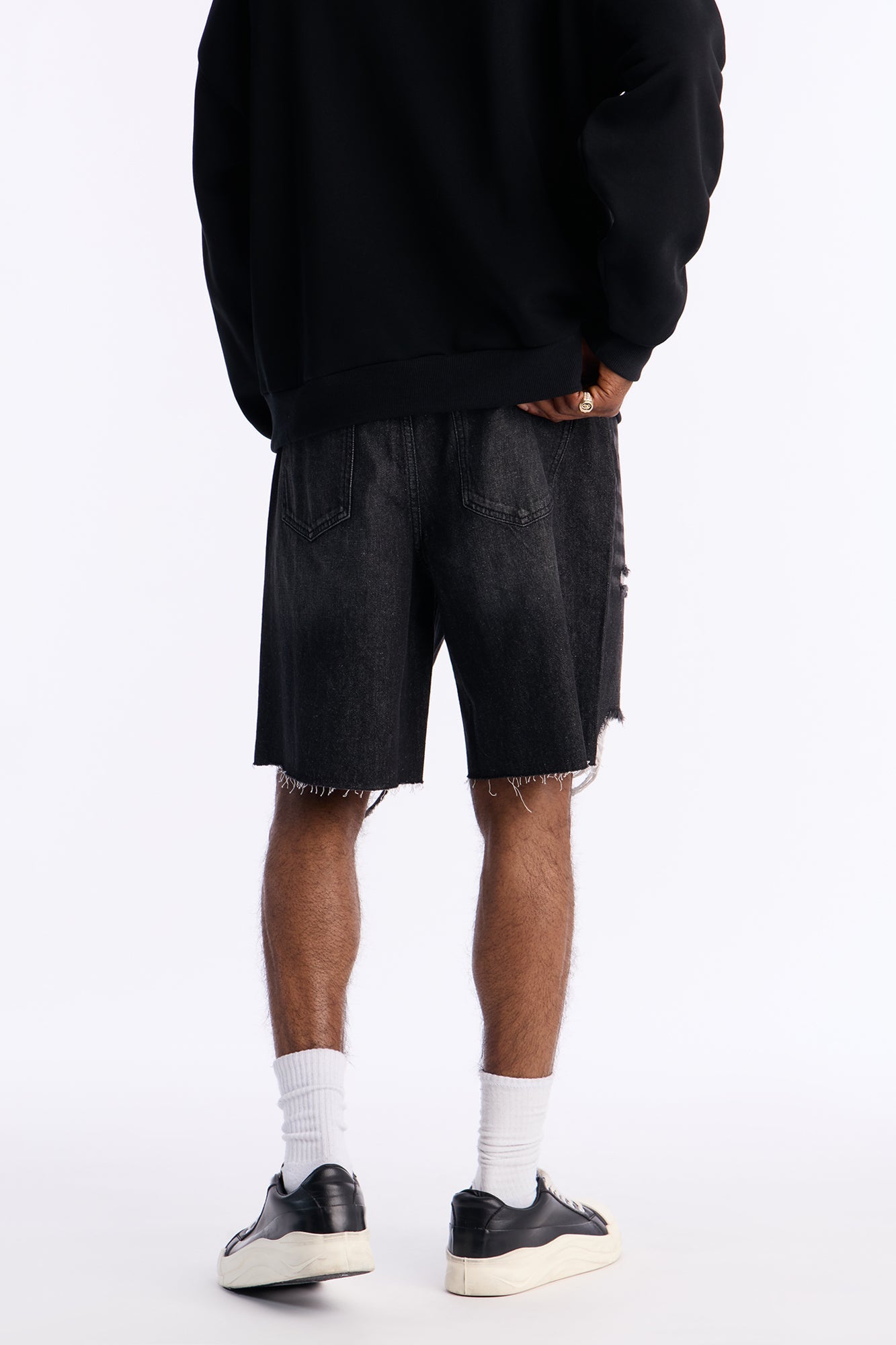 Relaxed Raw Hem Distressed Denim Shorts - Black Wash