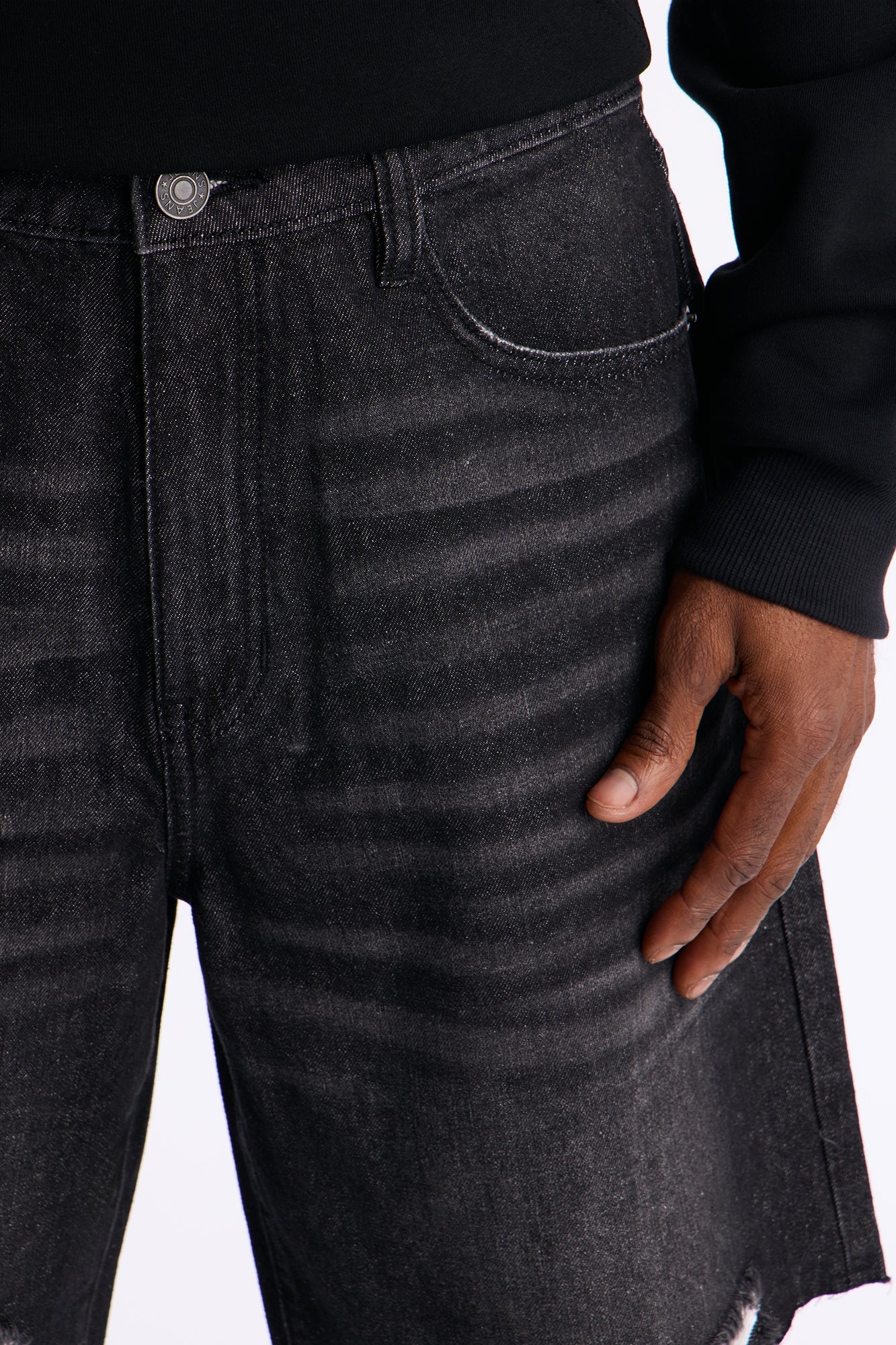 Relaxed Raw Hem Distressed Denim Shorts - Black Wash