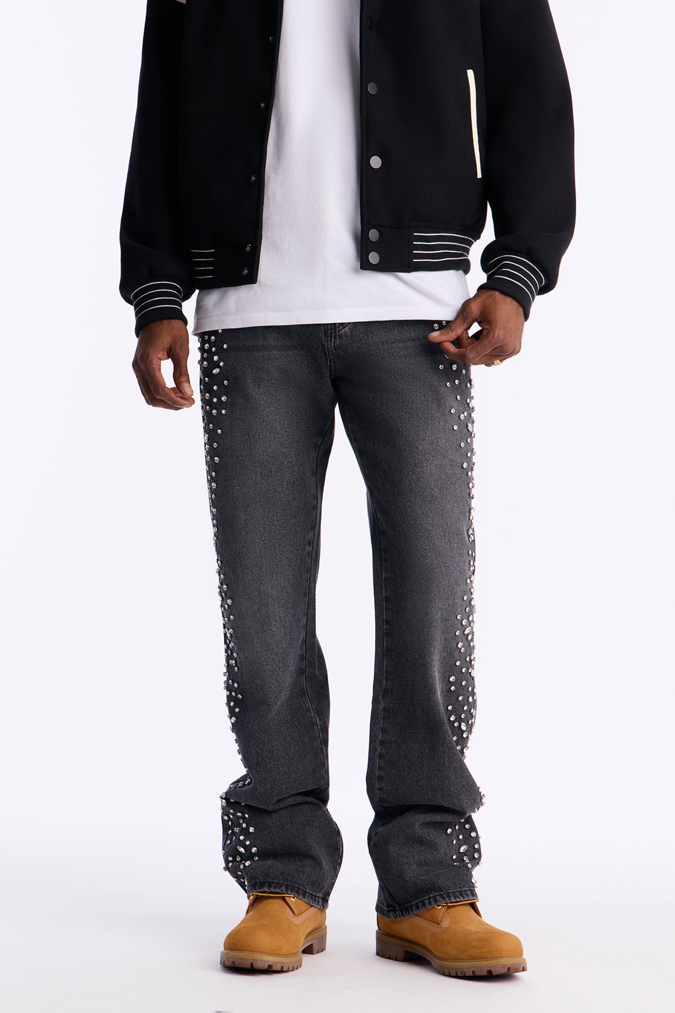 Stacked Slim Flare Another Level Jeweled Jean - Black Wash