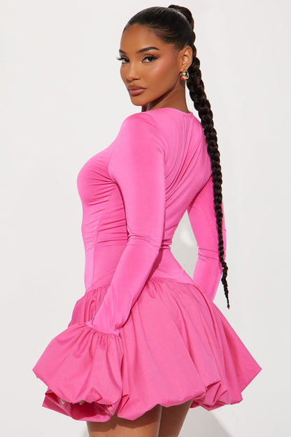 Jillian Puff Sleeve Bubble Mini Dress - Fuchsia