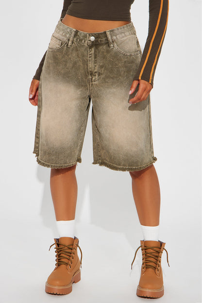 Come A Long Way Baggy Denim Jorts - Olive