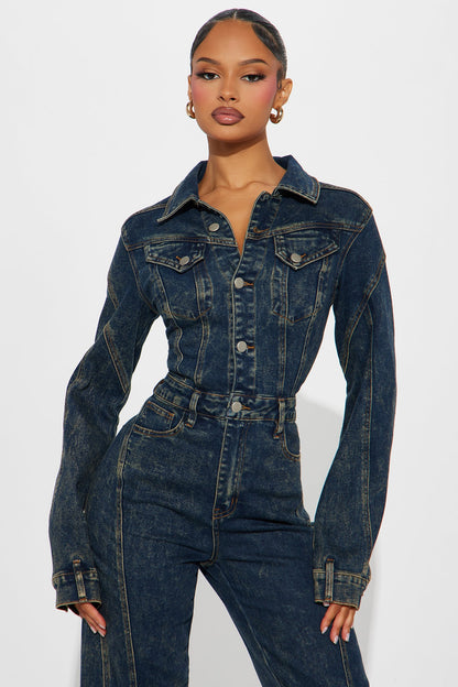 Downtown Vibe Denim Jumpsuit - Dark Wash