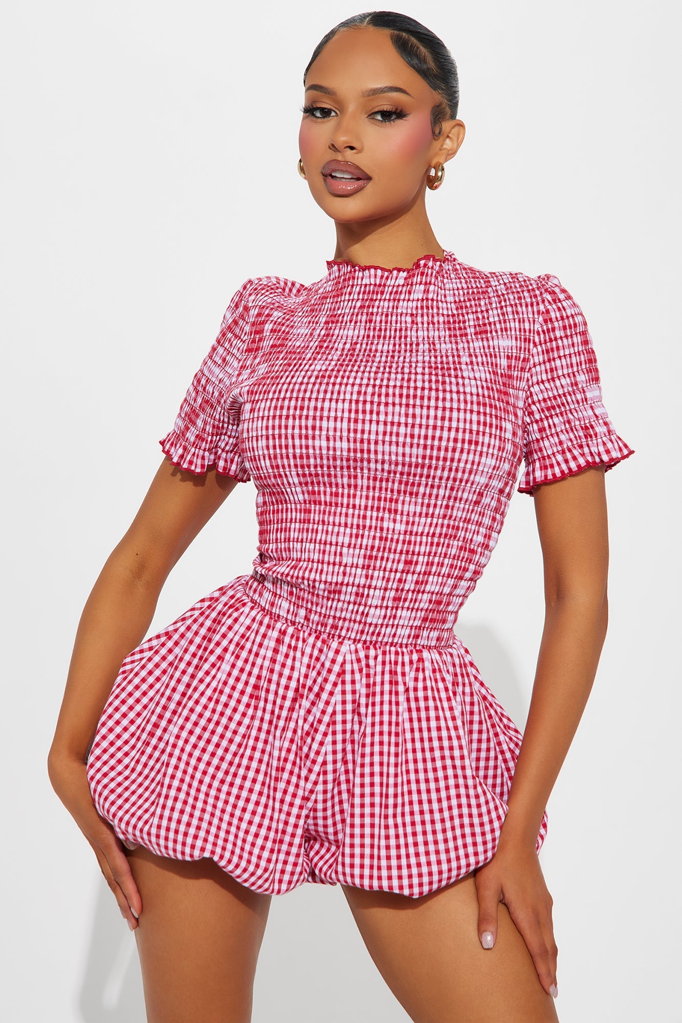 Garden Picnic Gingham Bubble Romper - Red/combo