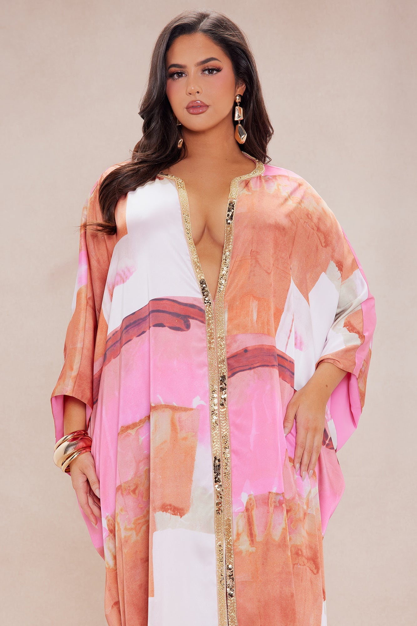 Sabina Satin Kaftan Dress - Pink/combo