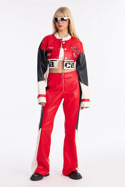 Fast Track Babe Faux Leather Pant Set - Red/combo