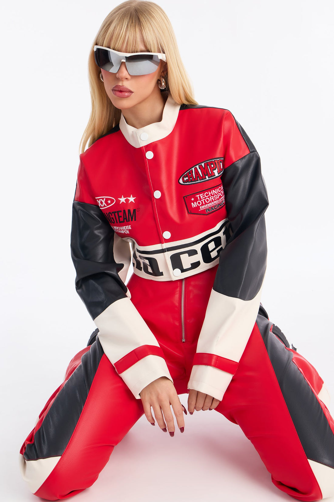 Fast Track Babe Faux Leather Pant Set - Red/combo