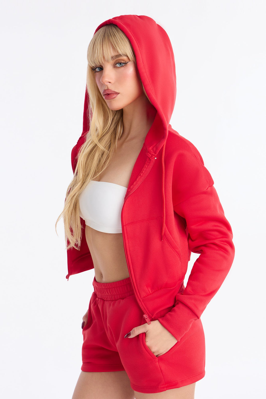 Nadine Fleece Zip Up Hoodie Short Set - Red
