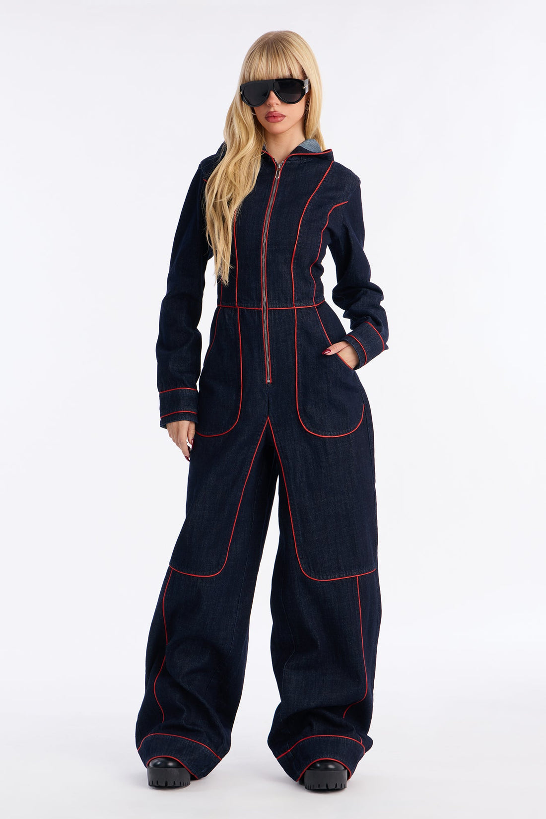 Lara Contrast Trim Denim Hooded Jumpsuit - Dark Wash
