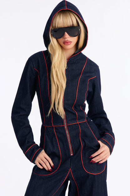 Lara Contrast Trim Denim Hooded Jumpsuit - Dark Wash