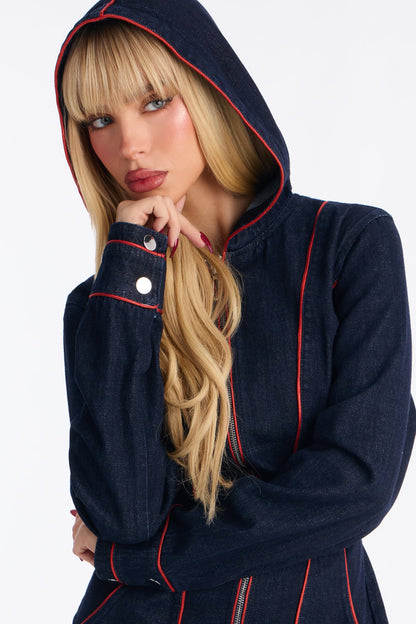 Lara Contrast Trim Denim Hooded Jumpsuit - Dark Wash