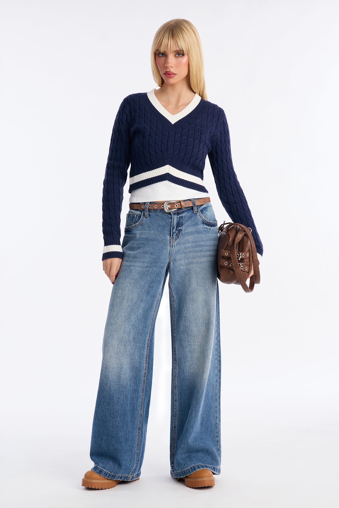 Not The Same Cable Knit Cropped Sweater - Navy/combo