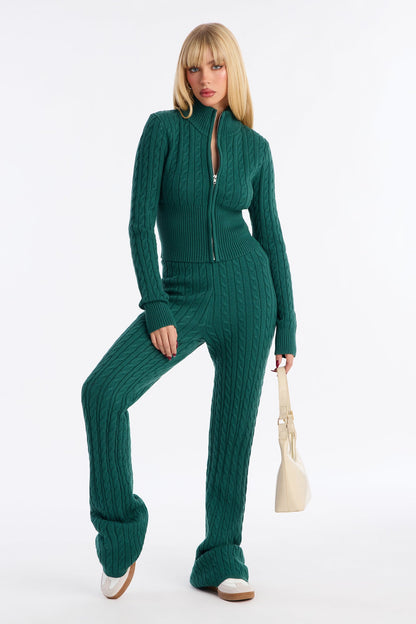 Caroline Mock Neck Cable Sweater Pant Set - Hunter