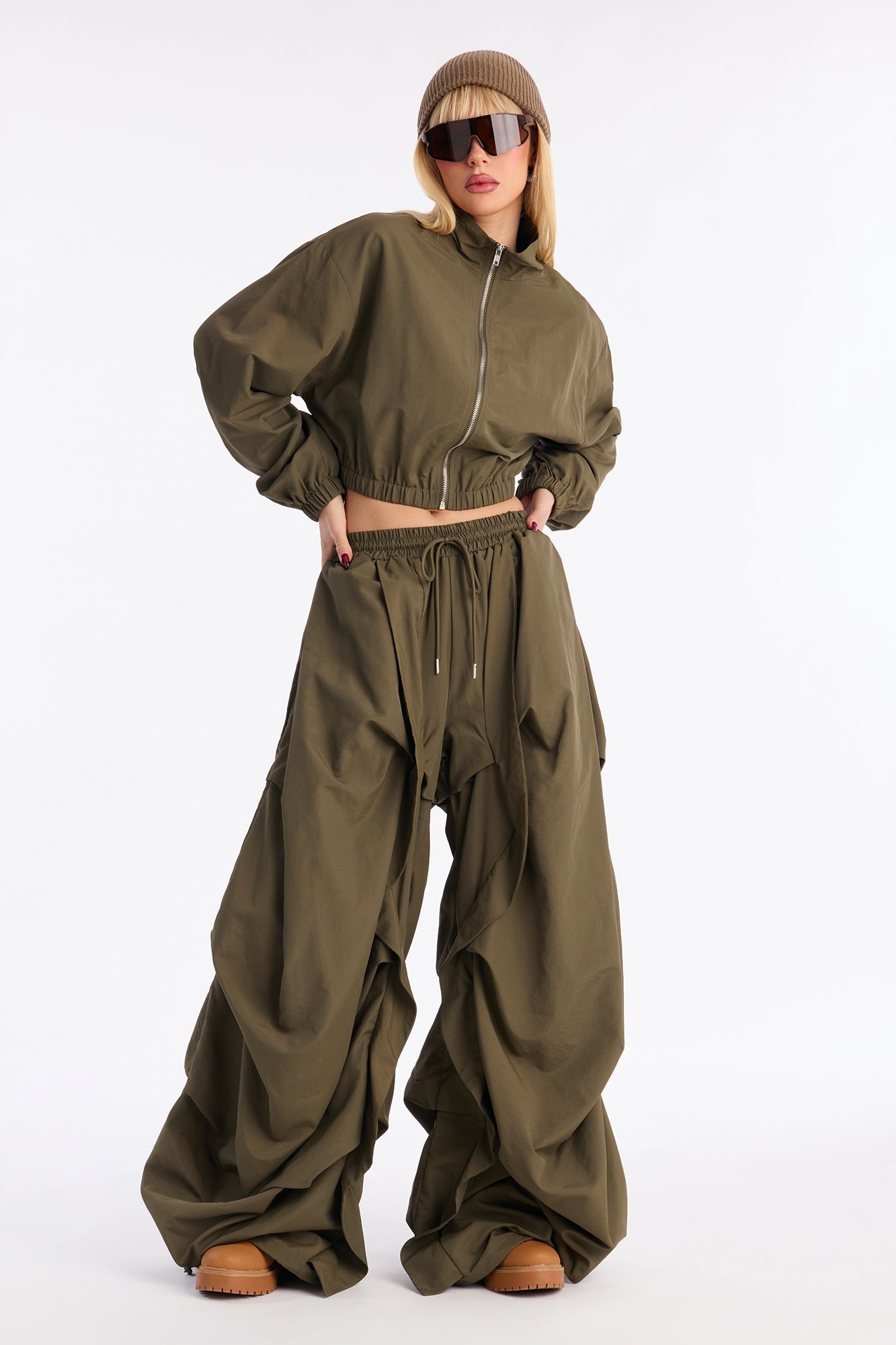 Midnight Drift Extreme Wide Leg Windbreaker Set - Olive