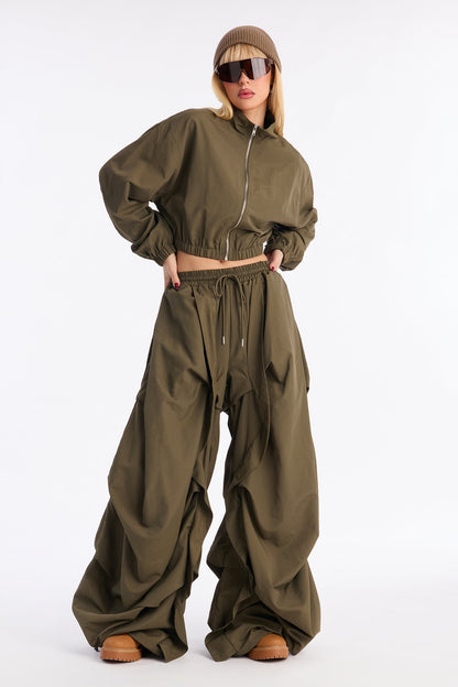 Midnight Drift Extreme Wide Leg Windbreaker Set - Olive