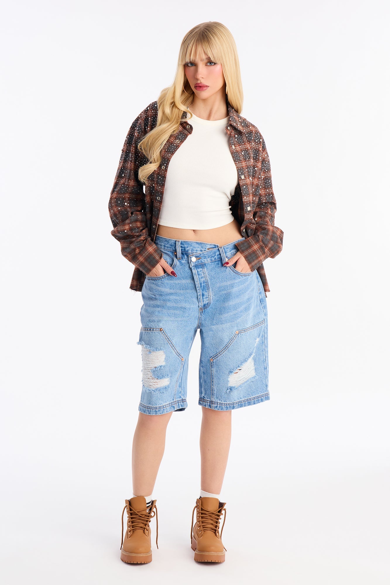 Elsie Crossover Denim Jorts - Medium Wash