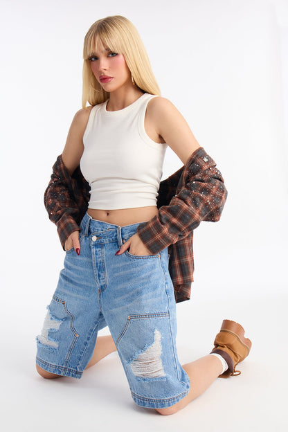 Elsie Crossover Denim Jorts - Medium Wash
