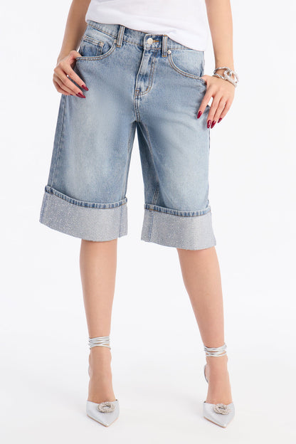 Nowhere To Go Cuffed Embellished Denim Jorts - Medium Wash