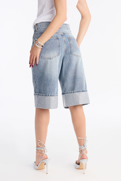 Nowhere To Go Cuffed Embellished Denim Jorts - Medium Wash