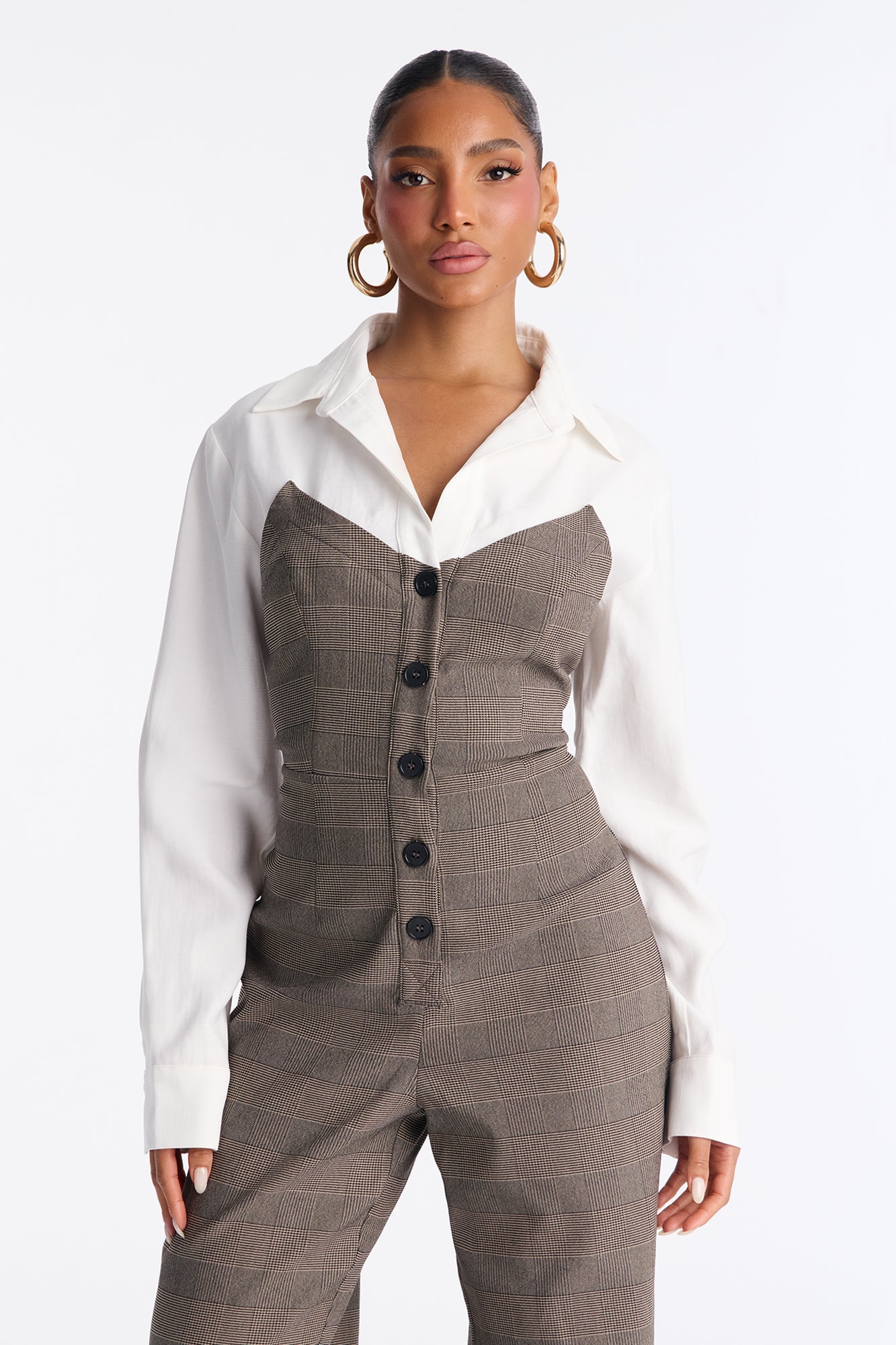 Tactical Plaid Jumpsuit - Brown/combo
