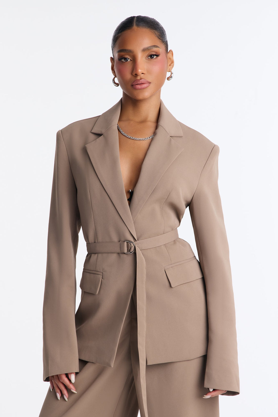 No Promises Belted Blazer Pant Set - Stone