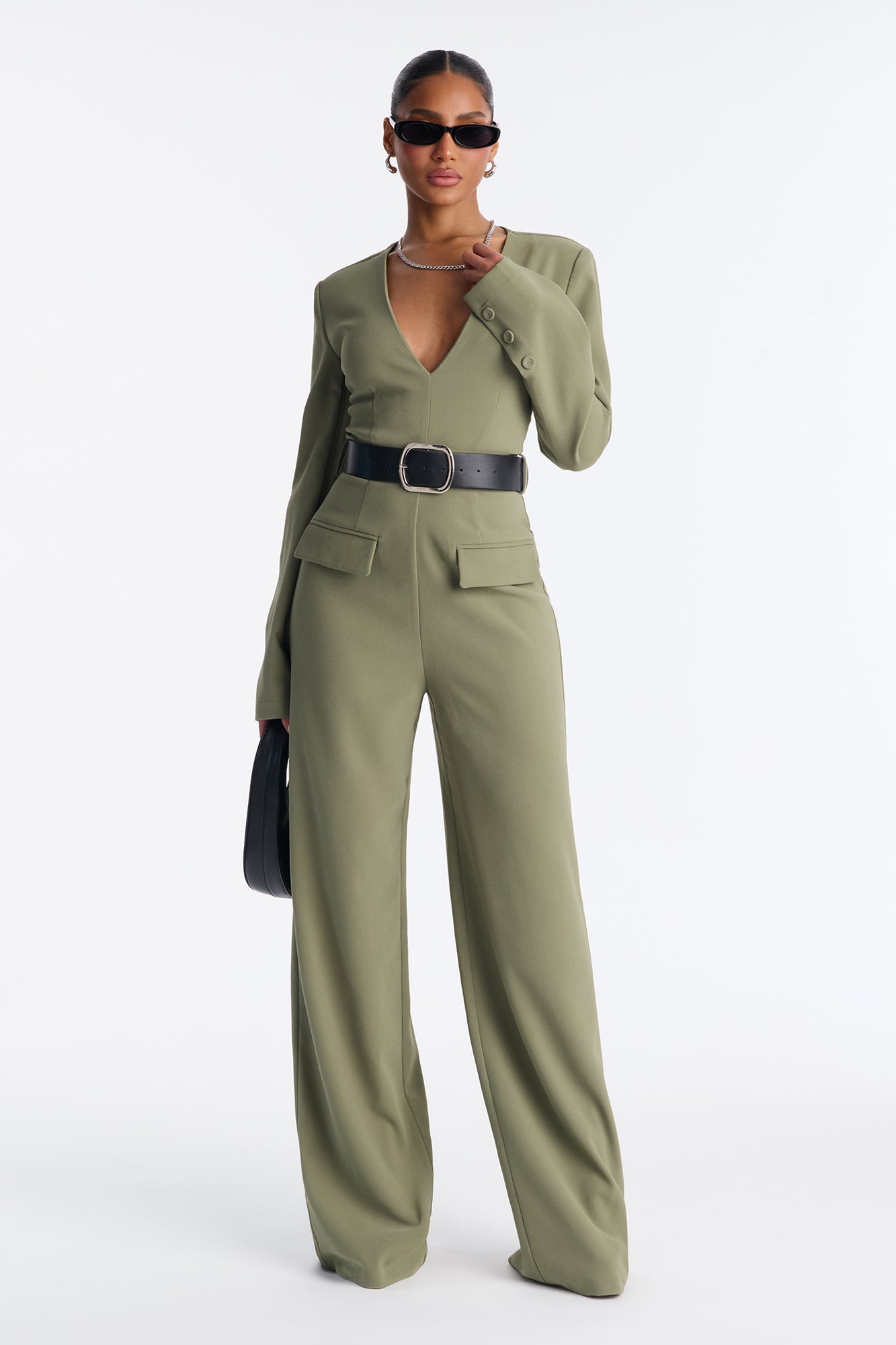 Buckle Up Crepe Belted Jumpsuit - Olive