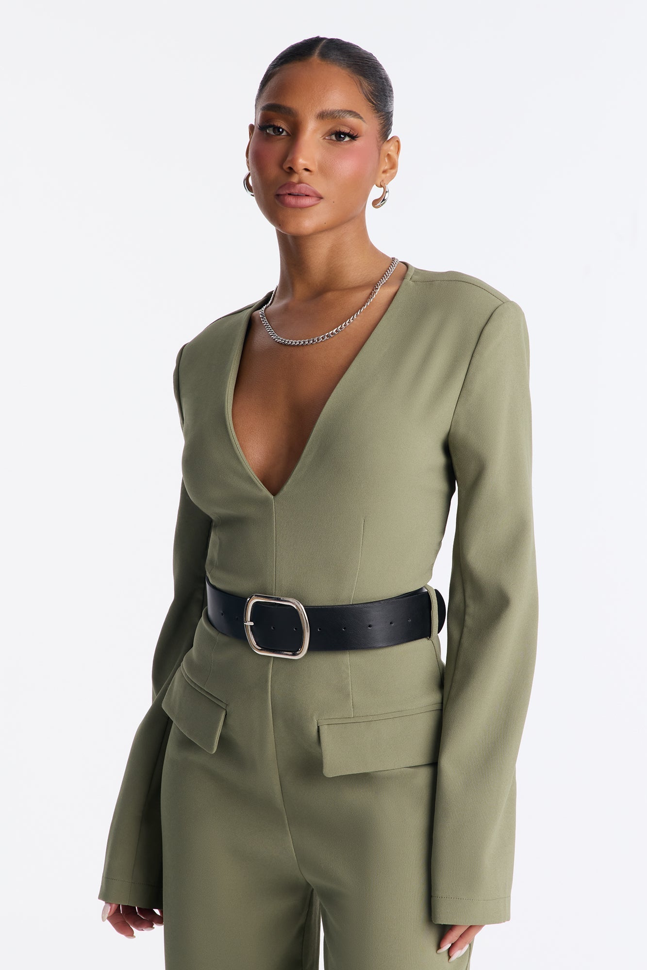 Buckle Up Crepe Belted Jumpsuit - Olive