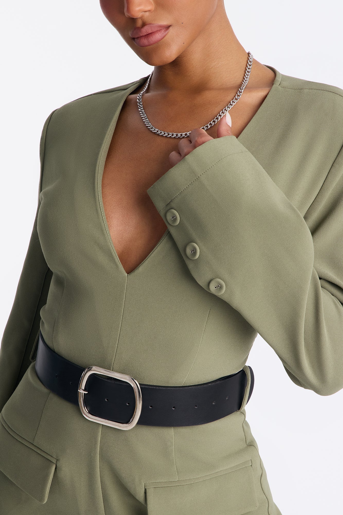 Buckle Up Crepe Belted Jumpsuit - Olive