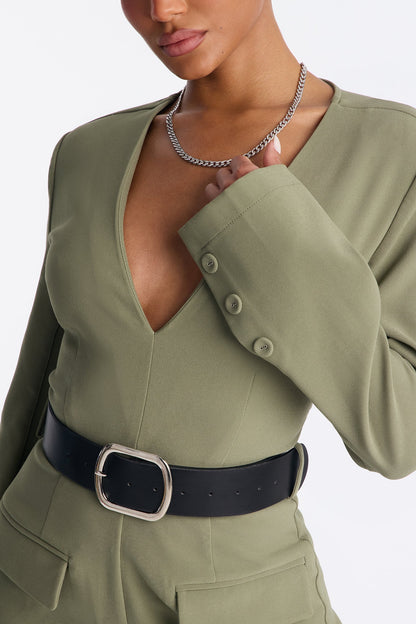 Buckle Up Crepe Belted Jumpsuit - Olive
