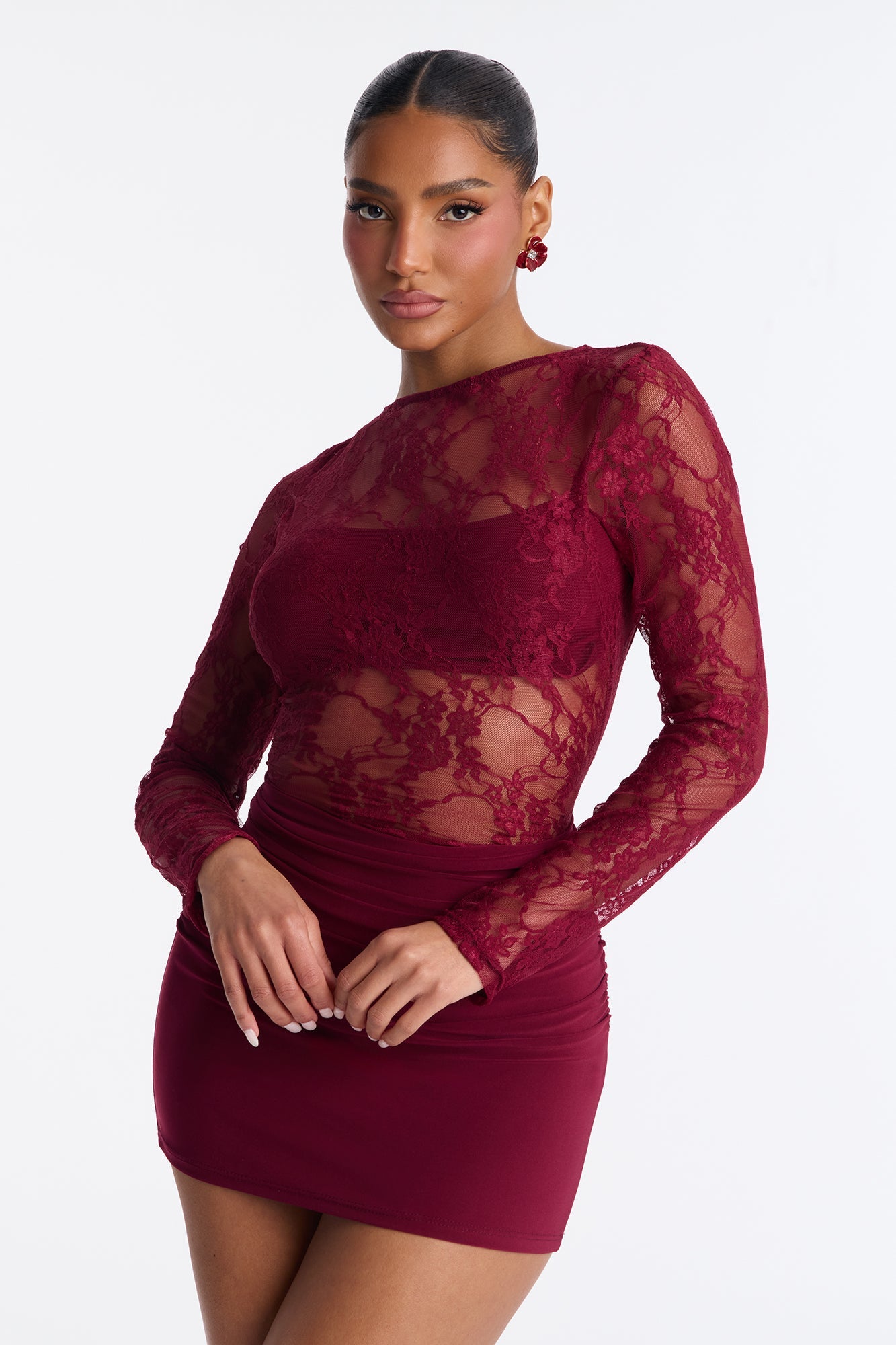 Sabina Sheer Lace Micro Mini Dress - Burgundy