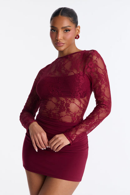 Sabina Sheer Lace Micro Mini Dress - Burgundy