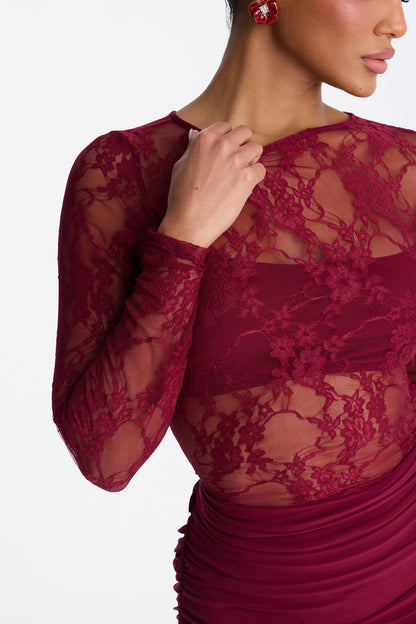 Sabina Sheer Lace Micro Mini Dress - Burgundy