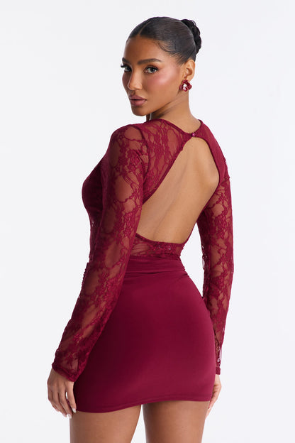 Sabina Sheer Lace Micro Mini Dress - Burgundy