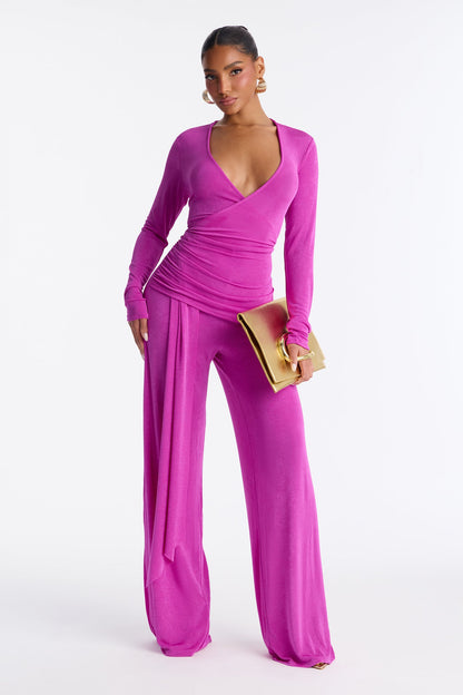 Zoe Wrap Draped Wide Leg Jumpsuit - Magenta
