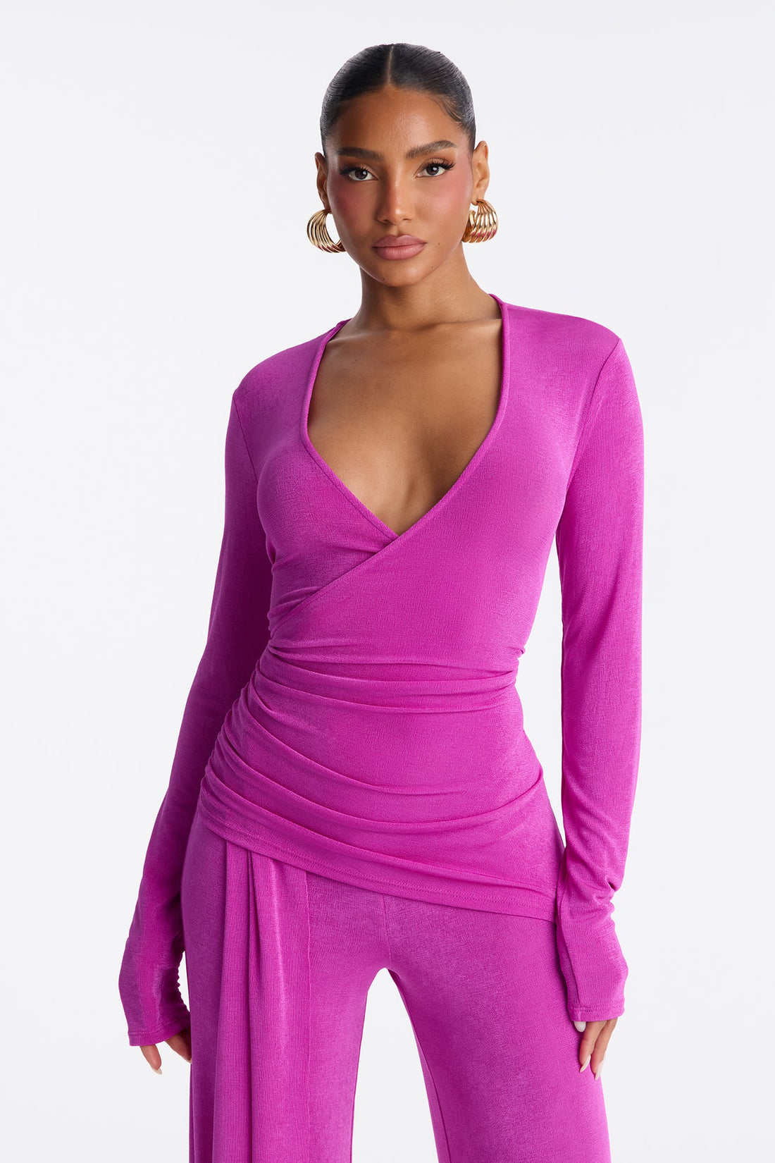 Zoe Wrap Draped Wide Leg Jumpsuit - Magenta
