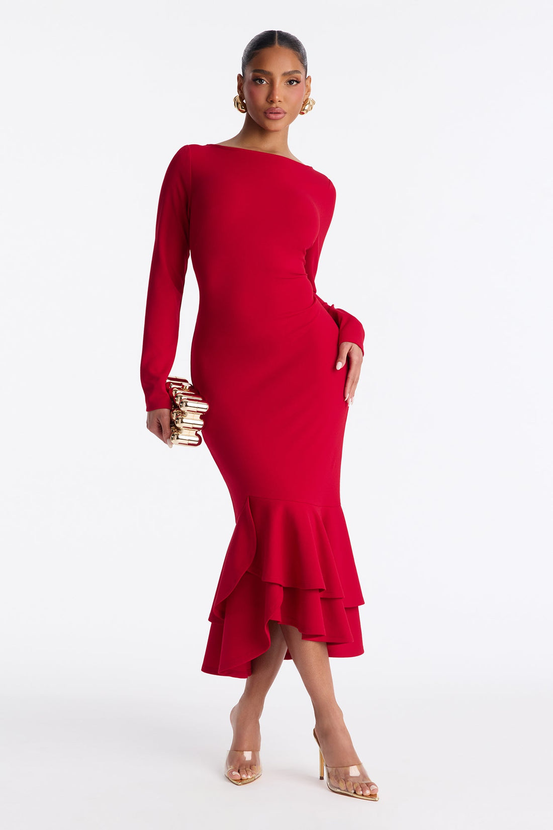 Bianca Long Sleeve Peplum Midi Dress - Red