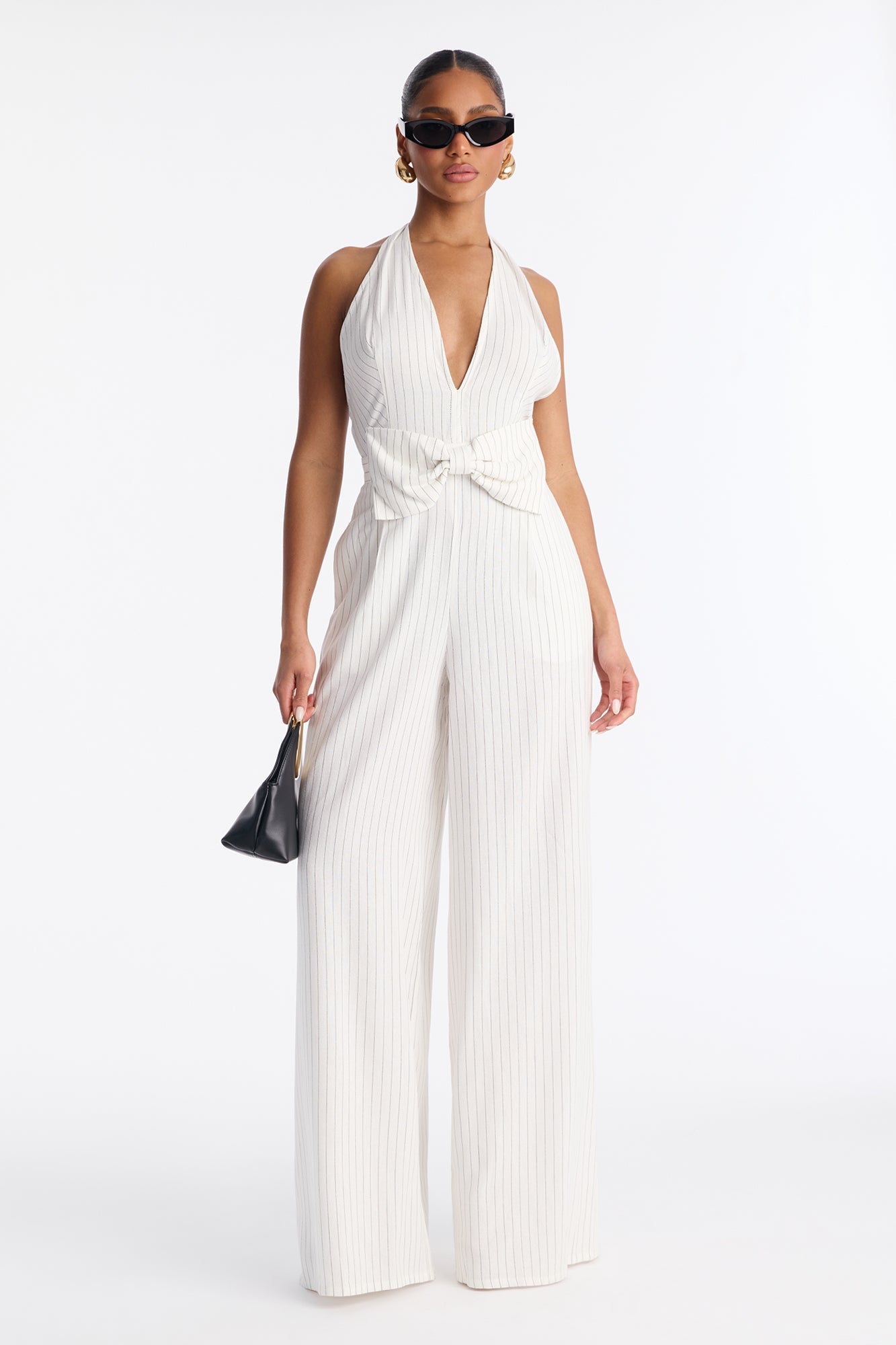 Jess Pinstripe Bow Backless Jumpsuit - White