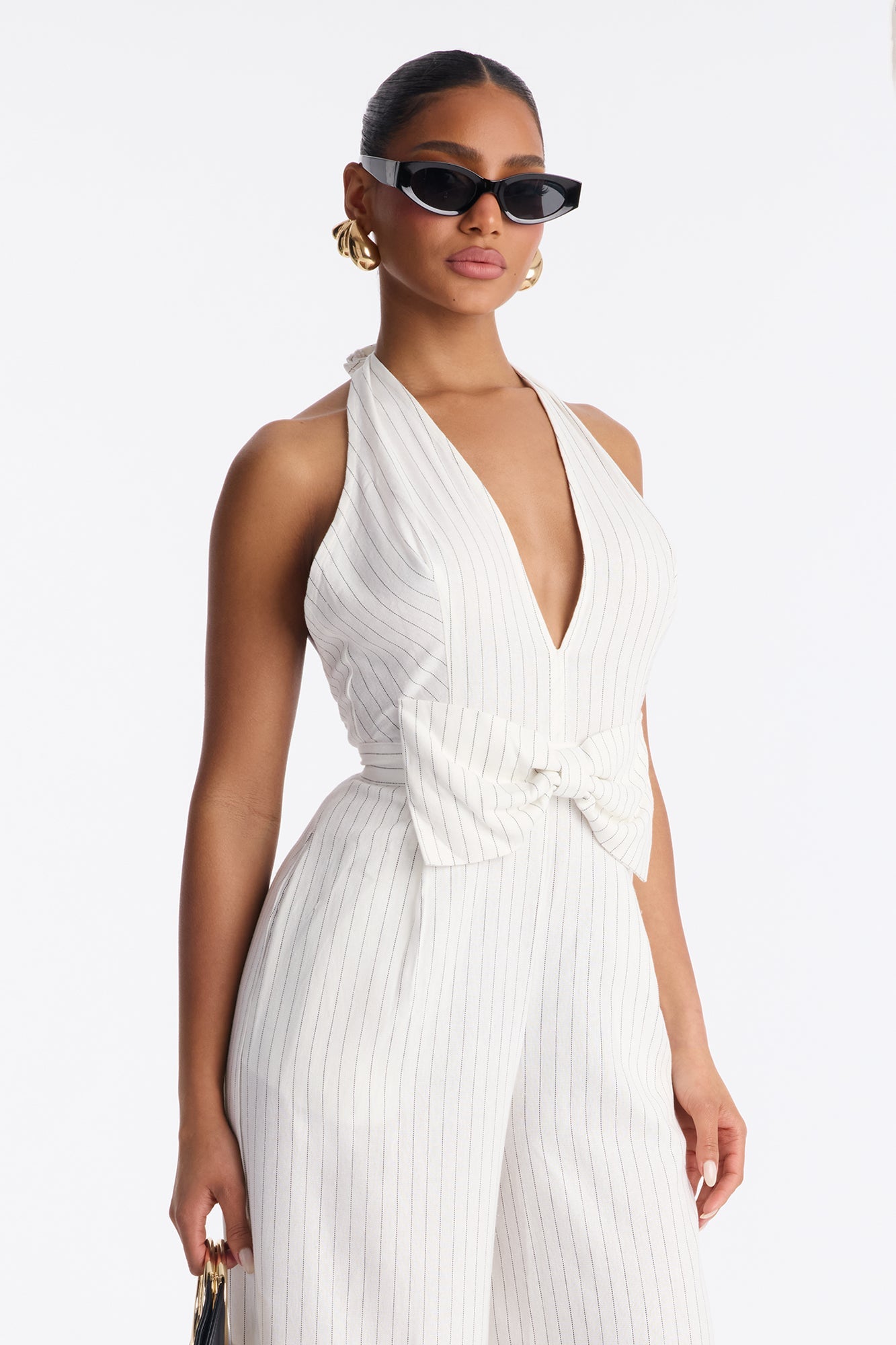 Jess Pinstripe Bow Backless Jumpsuit - White