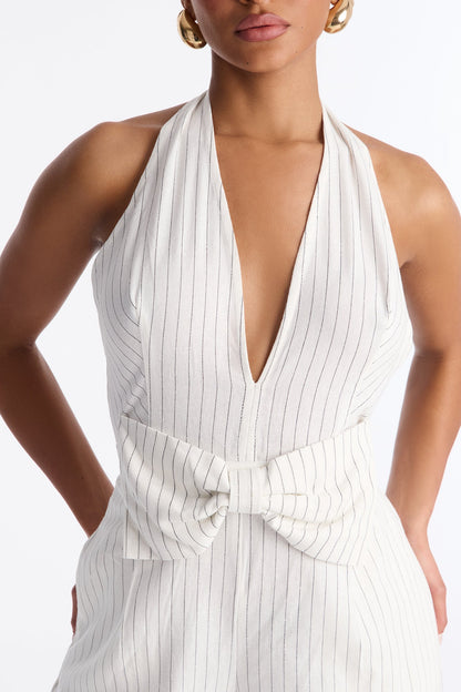 Jess Pinstripe Bow Backless Jumpsuit - White
