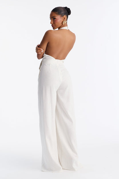 Jess Pinstripe Bow Backless Jumpsuit - White